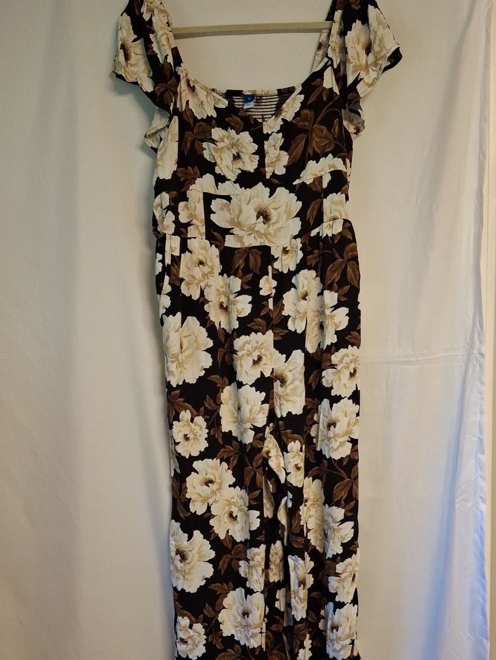 Old Navy Black Jumpsuit with Cream & Brown Floral Print XL